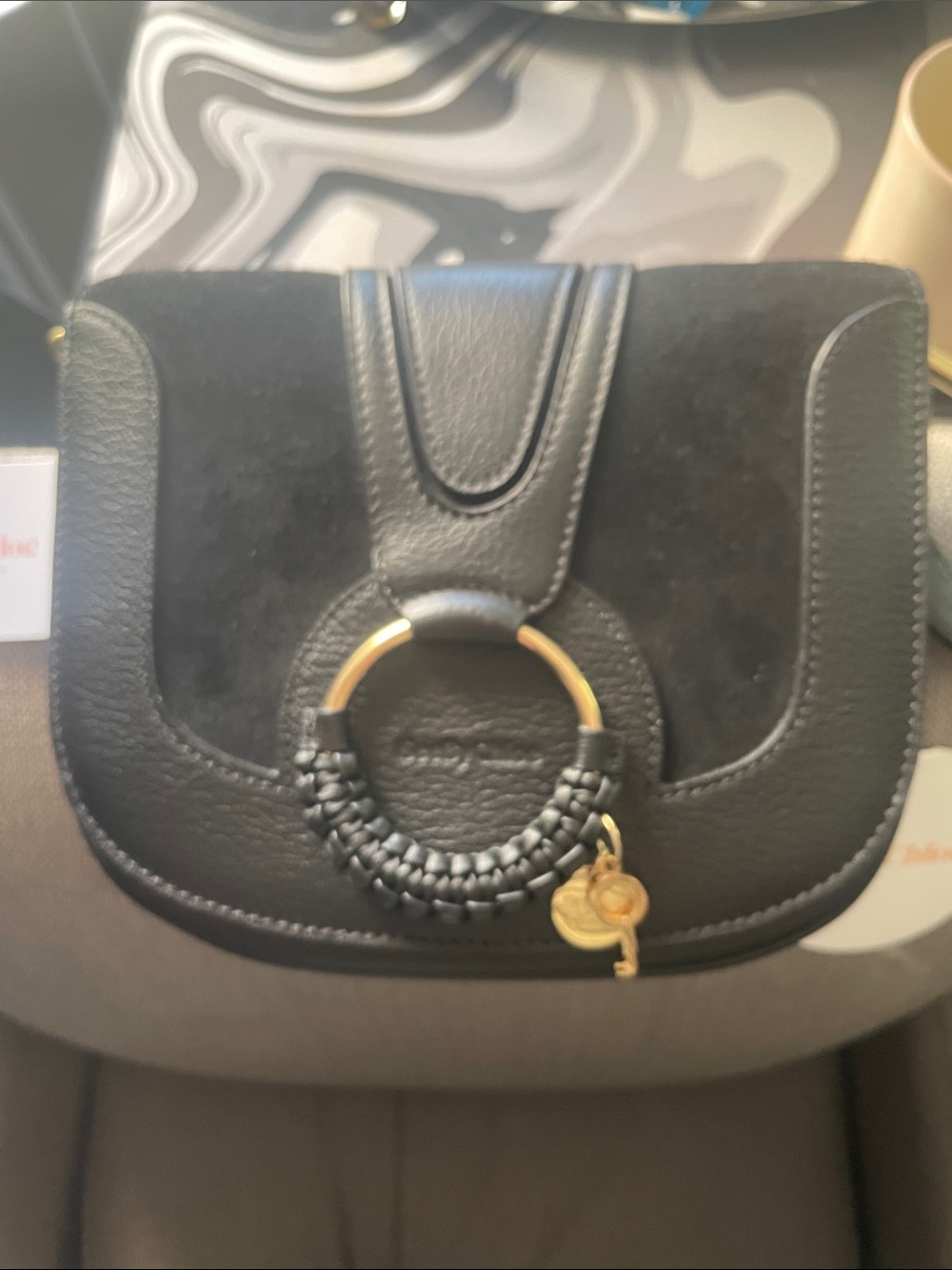 See By Chloé Black Leather & Suede Ring-Handle Shoulder Bag